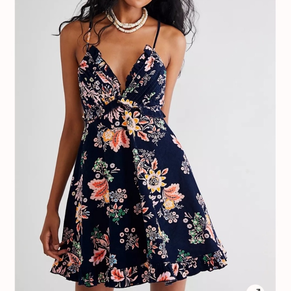 Free People Cord Looking Glass Navy Ruffle Corduroy Floral Mini Dress